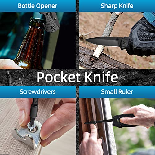 Pocket Knife, Christmas Stocking Stuffers 7 In 1 Multitool Stainless Steel Folding Knife with Screwdrivers Safety Lock Camping Accessories Survival Gear Gifts for Him Men Dad Husband Boyfriend (Black)