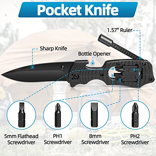 Pocket Knife, Christmas Stocking Stuffers 7 In 1 Multitool Stainless Steel Folding Knife with Screwdrivers Safety Lock Camping Accessories Survival Gear Gifts for Him Men Dad Husband Boyfriend (Black)