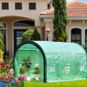 Aoodor 12 x 7 x 7ft. Portable Walk-in Tunnel Greenhouse, Large Heavy Duty Gardening Plant House with 2 Zippered Doors 6 Screen Windows for Backyard, Outdoor - Green