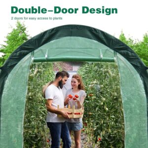 Aoodor 12 x 7 x 7ft. Portable Walk-in Tunnel Greenhouse, Large Heavy Duty Gardening Plant House with 2 Zippered Doors 6 Screen Windows for Backyard, Outdoor - Green