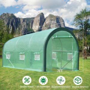 Aoodor 12 x 7 x 7ft. Portable Walk-in Tunnel Greenhouse, Large Heavy Duty Gardening Plant House with 2 Zippered Doors 6 Screen Windows for Backyard, Outdoor - Green