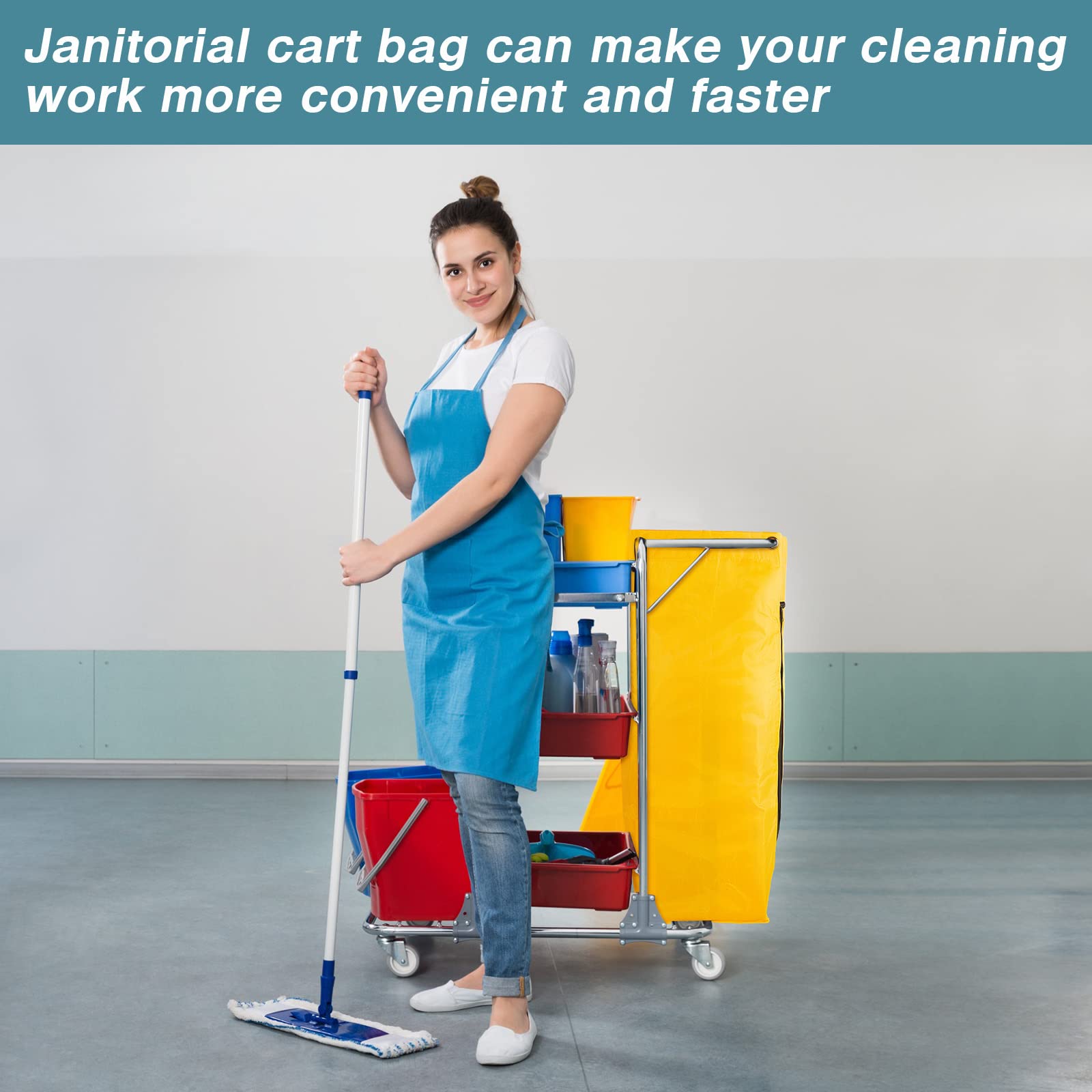 Cleaning Cart Bag Zippered Front Replacement Janitorial Cart Bag 24 Gallon Large Capacity Commercial Cleaning Bags for Cleaning Cart Housekeeping Carts, Yellow (26.5 x 15.5 x 10.5 Inch)