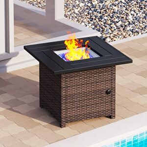 phi villa 32 inch gas fire pit table, 50000 btu square outdoor propane rattan fire pit table with lid and blue fire glass for patio, backyard and garden