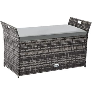 yitahome 90 gallon outdoor wicker storage bench w/cushion, large pe rattan deck storage box w/handles & hydraulics for patio furniture, cushions, garden tools, pool & sports equipment, gray