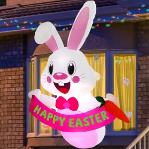 4 ft easter inflatable outdoor decorations bunny broke out from window, easter blow-up yard decorations with banner, build-in led lights, easter inflatable decor for holiday party, indoor, lawn