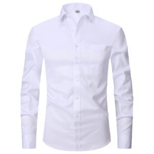 maiyifu-gj men's striped dress shirt solid color button down casual shirts turn-down collar long sleeve shirts with pocket (white,3x-large)