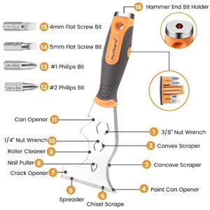 MulWark 16-in-1 Painter's Tool,3” Putty knife Drywall Paint Scraper,Multi-Painter's Stainless Steel Tool,Spealloy Paint Scraper, Taping knife,Hammer Head Soft Grip Handle,Nut Wrench Screw Bits inside