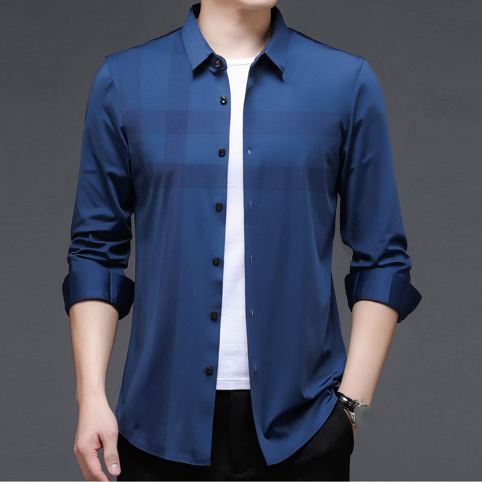 Men Plaid Wrinkle Free Dress Shirt Turn-Down Collar Button Down Business Shirts Casual Slim Fit Long Sleeve Shirts (Blue 1,4X-Large)