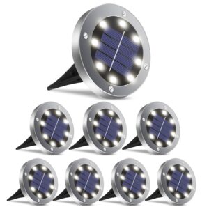 oulonger solar ground lights 8 packs, solar lights outdoor bright 8 led disk lights garden waterproof patio in-ground lights for lawn, pathway, yard, driveway, step and walkway white light