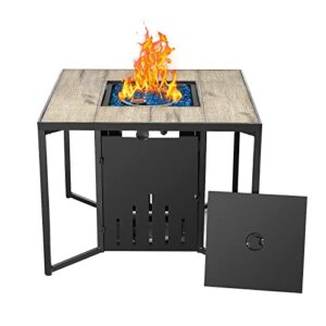 bluu 32in square propane fire pit table gas fire pits for outside with blue glass beads, faux wood fire table safe csa smokeless firepit great for party on patio & balcony with tank cover