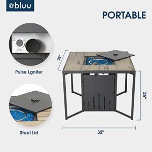 Bluu 32in Square Propane Fire Pit Table Gas Fire Pits for Outside with Blue Glass Beads, Faux Wood Fire Table Safe CSA Smokeless Firepit Great for Party on Patio & Balcony with Tank Cover