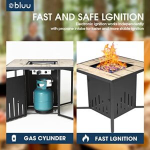 Bluu 32in Square Propane Fire Pit Table Gas Fire Pits for Outside with Blue Glass Beads, Faux Wood Fire Table Safe CSA Smokeless Firepit Great for Party on Patio & Balcony with Tank Cover