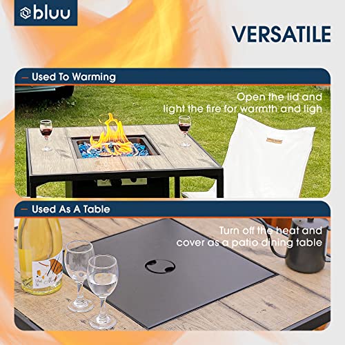 Bluu 32in Square Propane Fire Pit Table Gas Fire Pits for Outside with Blue Glass Beads, Faux Wood Fire Table Safe CSA Smokeless Firepit Great for Party on Patio & Balcony with Tank Cover