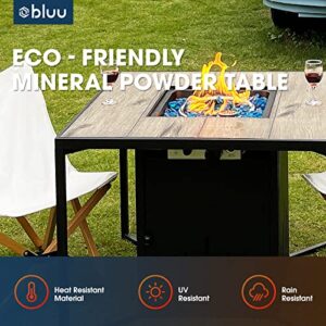 Bluu 32in Square Propane Fire Pit Table Gas Fire Pits for Outside with Blue Glass Beads, Faux Wood Fire Table Safe CSA Smokeless Firepit Great for Party on Patio & Balcony with Tank Cover