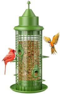 bird feeders for outdoors hanging, squirrel proof wild bird feeder for outside, metal hanging bird seed feeders for cardinal, finch, sparrow, blue jay, 3lbs, 4 ports, chew-proof, weather-resistant