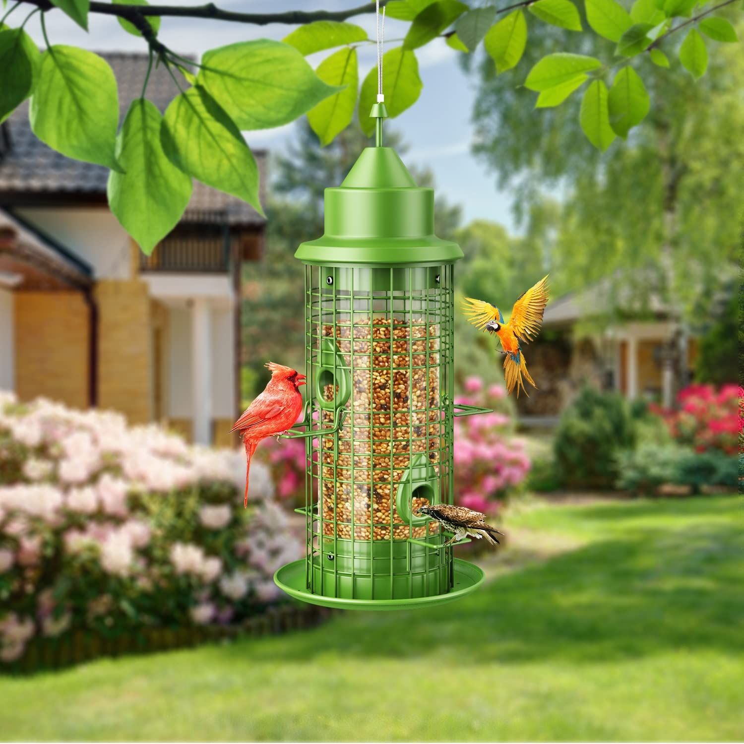 Bird Feeders for Outdoors Hanging, Squirrel Proof Wild Bird Feeder for Outside, Metal Hanging Bird Seed Feeders for Cardinal, Finch, Sparrow, Blue Jay, 3LBs, 4 Ports, Chew-Proof, Weather-Resistant