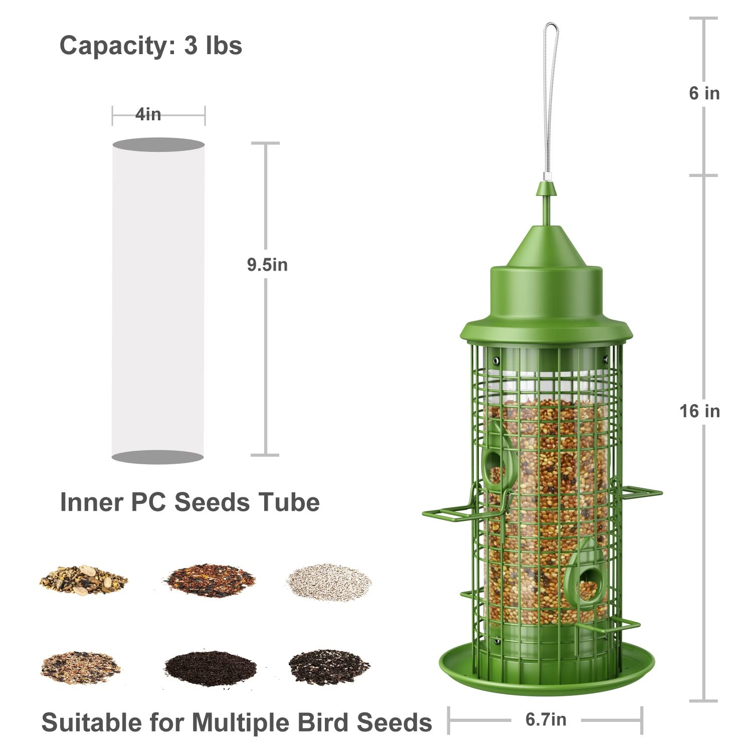 Bird Feeders for Outdoors Hanging, Squirrel Proof Wild Bird Feeder for Outside, Metal Hanging Bird Seed Feeders for Cardinal, Finch, Sparrow, Blue Jay, 3LBs, 4 Ports, Chew-Proof, Weather-Resistant