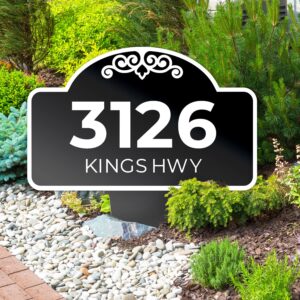custom house address yard sign, lawn arch address plaque, personalized house numbers for outside, square style, 12x15 inches, aluminum composite material made in the usa by sigo signs
