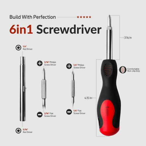 6 in 1 Screwdriver set with Comfortable Non-Slip Grip, Multi-tool Screw Driver Bit Set multipurpose use, All in 1 Nut Driver with Phillips/Slotted Super Quality Steel Bits, with Built-in bit holder