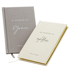 vow books set of 2 (promises design) - custom hard cover luxury modern wedding ceremony or vow renewal booklets, bride groom gifts, engagement party or reception speech notes