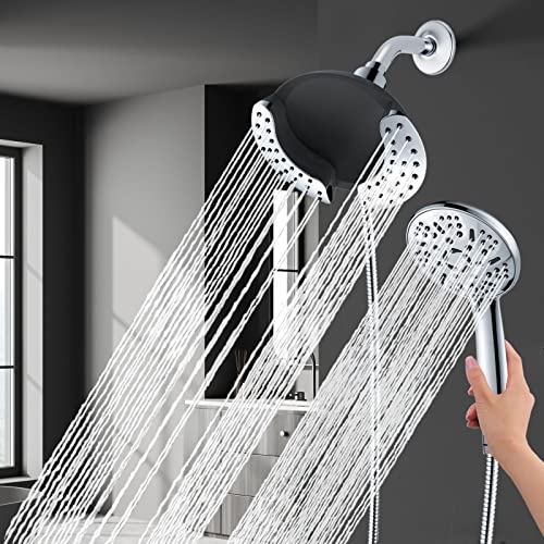 Rain Shower Head with Handheld, High Pressure 9-Setting Hand Held Shower and Rainfall Shower Head Separately or Together, Nuodan 3-Way Waterfall Shower Combo with Stainless Steel Hose, Chrome