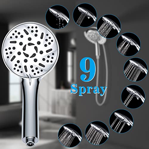 Rain Shower Head with Handheld, High Pressure 9-Setting Hand Held Shower and Rainfall Shower Head Separately or Together, Nuodan 3-Way Waterfall Shower Combo with Stainless Steel Hose, Chrome