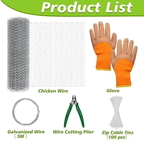 Chicken Wire, 16.9 In × 32.8 Ft Chicken Wire Fencing, Chicken Coop Accessories, 0.6 Inch Hexagonal Galvanized Wire Mesh for Rabbit Garden, Protecting Chicken Feeder Waterer, with Pliers & Glove