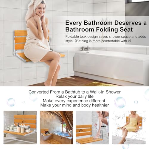 Folding Shower Seat Wall Mounted,16IN Folding Teak Shower Seat for Seniors, Disableds, Pregnants, Maximum Load 400LB [2023 New],Wall Mounted Shower Seat,Shower Seats Folding, Yellow