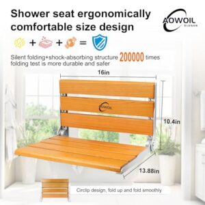 Folding Shower Seat Wall Mounted,16IN Folding Teak Shower Seat for Seniors, Disableds, Pregnants, Maximum Load 400LB [2023 New],Wall Mounted Shower Seat,Shower Seats Folding, Yellow