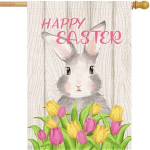 Happy Easter House Flag large 28 x 40 Inch Double Sided Rabbit with flower Spring Seasonal for Outside Burlap Yard Outdoor Decor