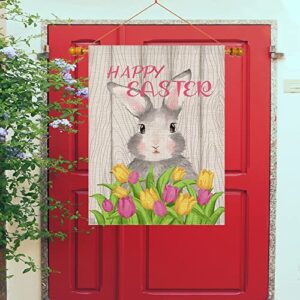 Happy Easter House Flag large 28 x 40 Inch Double Sided Rabbit with flower Spring Seasonal for Outside Burlap Yard Outdoor Decor