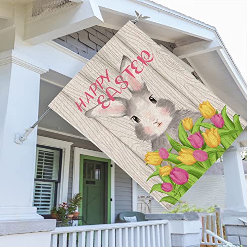 Happy Easter House Flag large 28 x 40 Inch Double Sided Rabbit with flower Spring Seasonal for Outside Burlap Yard Outdoor Decor