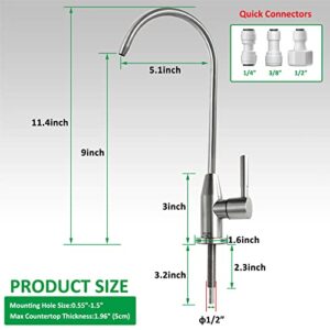 Drinking Water Faucet 100% Lead-Free Kitchen Water Filter Faucet Brushed Finish Cold Water Bar Sink Faucet for Water Purifier Filter Filtration System, 1/4-inch Tube, Stainless Steel