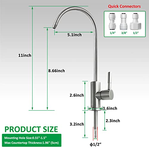 Drinking Water Faucet 100% Lead-Free Kitchen Water Filter Faucet Stainless Steel Cold Water Bar Sink Faucet for Water Purifier Filter Filtration System, 1/4-inch Tube, Brushed Finish