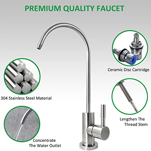 Drinking Water Faucet 100% Lead-Free Kitchen Water Filter Faucet Stainless Steel Cold Water Bar Sink Faucet for Water Purifier Filter Filtration System, 1/4-inch Tube, Brushed Finish