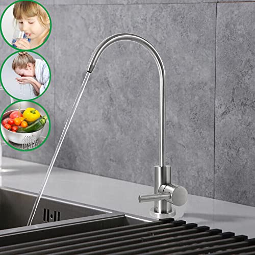 Drinking Water Faucet 100% Lead-Free Kitchen Water Filter Faucet Stainless Steel Cold Water Bar Sink Faucet for Water Purifier Filter Filtration System, 1/4-inch Tube, Brushed Finish