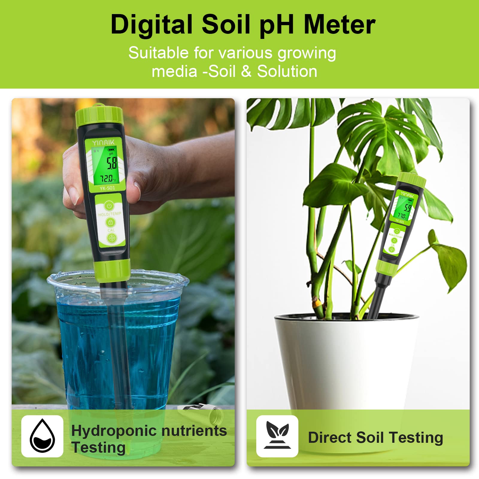 YINMIK Digital Soil pH Meter for Gardeners, Soil Direct pH Tester for Plant Care, Measure pH of Solution Potting Soil Growing Media,Great for Indoor,Greenhouse,Outdoor,Garden, Lawn, Farming, Yard Use