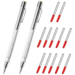 2pcs tungsten carbide tip scriber with 12 replacement marking tip, aluminium magnet carbide scribe tool etching pen with clip, metal engraving pen for glass / ceramics / hardened steel / metal sheet