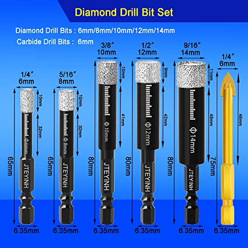 6 PCS Dry Diamond Drill Bits Set，Diamond Hole Saw Set for Granite, Glass, Ceramic, Tile, Marble, Porcelain - 1/4", 5/16", 3/8",1/2",9/16" Tile Drill Bits & 1/4 Carbide Drill Bit