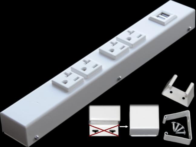 12” Hardwired Power Strip (NO Power Cord), 4 (NEMA 5-20R) Vertical Outlets (NOT Tamper Resistant), NO Ears (mounting tabs on Both Ends), 20 Amp, USB, White