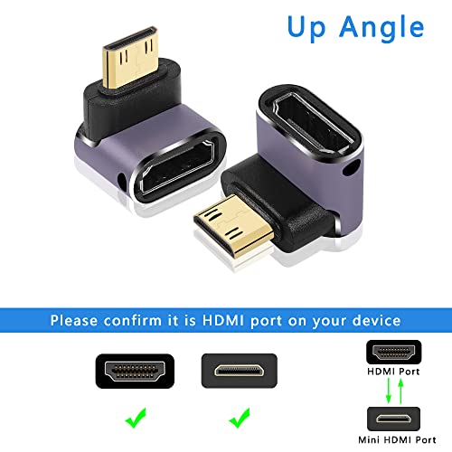 GINTOOYUN 8K Mini HDMI to Standard HDMI Adapter 2.1 Version Mini HDMI Male to UP Angle 90 Degree HDMI Female Extension Adapter for Camera,Laptop,Tablet,HDTV,Projector 2 PCS(UP Angle)