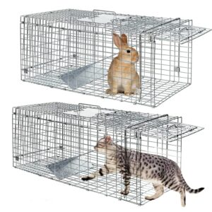 2 pack humane cat trap for stray cats 24"x8"x7" live animal trap live traps for cats racoon possum rabbit squirrel mouse small animal trap outdoor indoor collapsible steel humane release animal cage