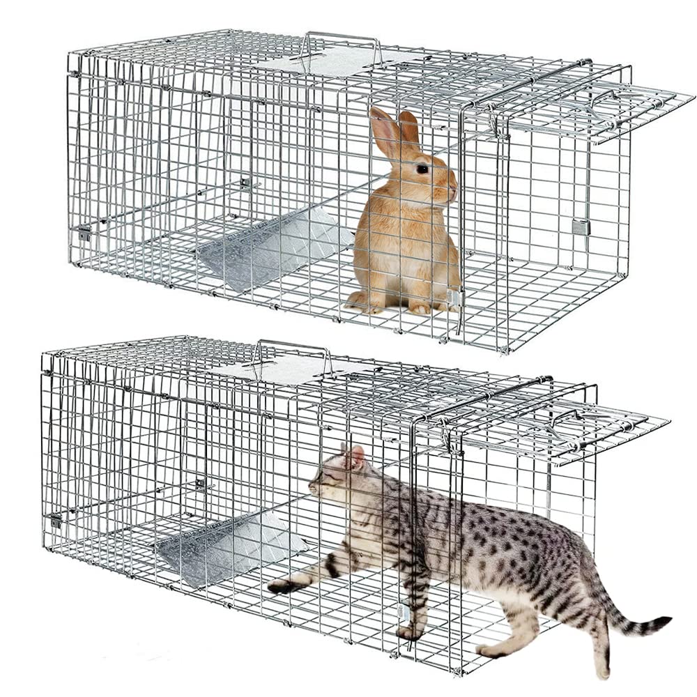 2 Pack Humane Cat Trap for Stray Cats 24"x8"x7" Live Animal Trap Live Traps for Cats Racoon Possum Rabbit Squirrel Mouse Small Animal Trap Outdoor Indoor Collapsible Steel Humane Release Animal Cage