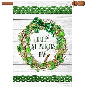 Surfapans Happy St Patricks Day Wreath House Flag 28x40 Inch Double Sided Outside Burlap Large Outdoor Yard Flags Porch Home Farmhouse Decoration