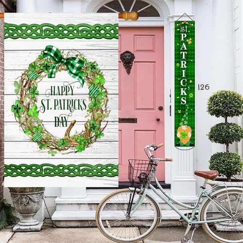 Surfapans Happy St Patricks Day Wreath House Flag 28x40 Inch Double Sided Outside Burlap Large Outdoor Yard Flags Porch Home Farmhouse Decoration