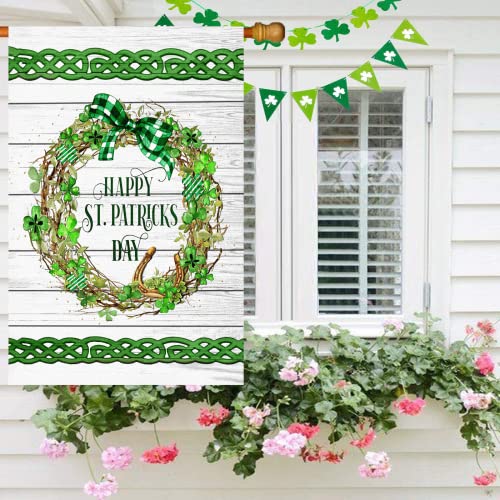 Surfapans Happy St Patricks Day Wreath House Flag 28x40 Inch Double Sided Outside Burlap Large Outdoor Yard Flags Porch Home Farmhouse Decoration