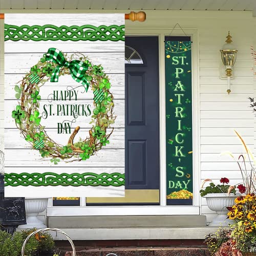 Surfapans Happy St Patricks Day Wreath House Flag 28x40 Inch Double Sided Outside Burlap Large Outdoor Yard Flags Porch Home Farmhouse Decoration