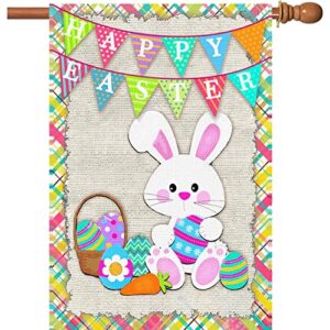 surfapans happy easter bunny house flag 28x40 inch double sided outside burlap easter rabbit eggs outdoor large yard flags porch home holiday decoration
