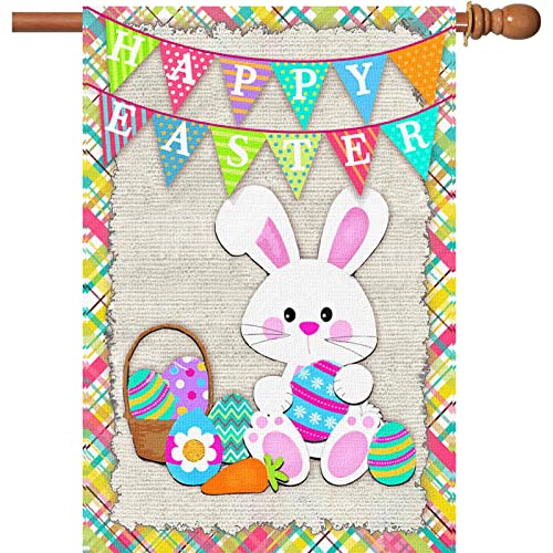 Surfapans Happy Easter Bunny House Flag 28x40 Inch Double Sided Outside Burlap Easter Rabbit Eggs Outdoor Large Yard Flags Porch Home Holiday Decoration