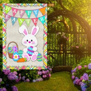 Surfapans Happy Easter Bunny House Flag 28x40 Inch Double Sided Outside Burlap Easter Rabbit Eggs Outdoor Large Yard Flags Porch Home Holiday Decoration